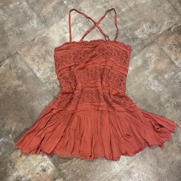 free people cross back flowy tiered coral crochet dress size medium - Picture 5 of 6